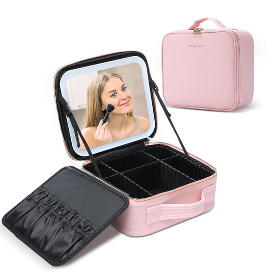 Stylish LED-Lit PU Leather Makeup Bag with Mirror: Waterproof, Detachable Compartments for Traveling Ladies