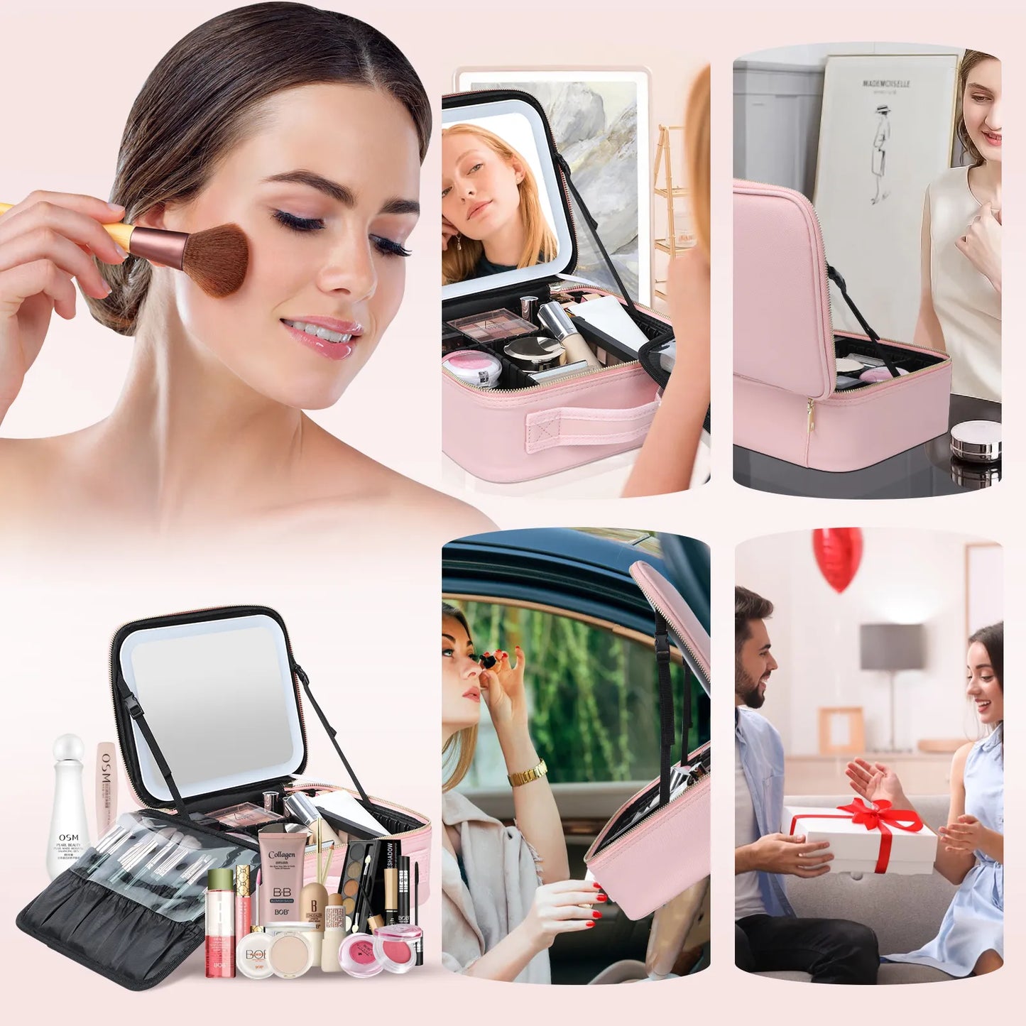 Stylish LED-Lit PU Leather Makeup Bag with Mirror: Waterproof, Detachable Compartments for Traveling Ladies